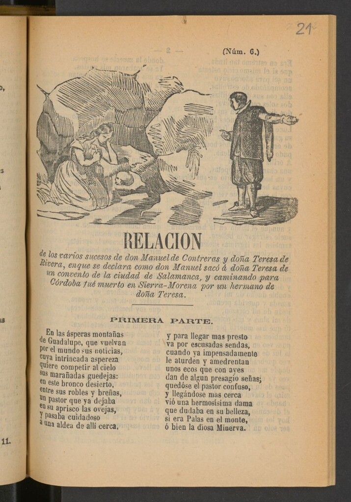 Miniatura de Relación de varios sucesos de don Manuel Contreras y doña Teresa de Rivera, en que se declara como don Manuel sacó á doña Teresa de un convento de la ciudad de Salamanca, y caminando para Córdoba fué muerto en Sierra-Morena por un hermano de doña Teresa