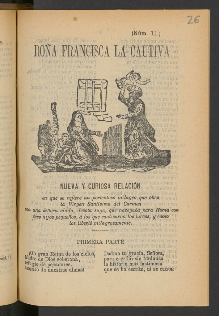 Miniatura de Doña Francisca la cautiva : nueva y curiosa relacion en que se refiere un portentoso milagro que obró la Virgen Santísima del Cármen con una señora viuda, devota suya, que navegaba para Roma con tres hijos pequeños, á los que cautivaron los turcos, y cómo los libertó milagrosamente