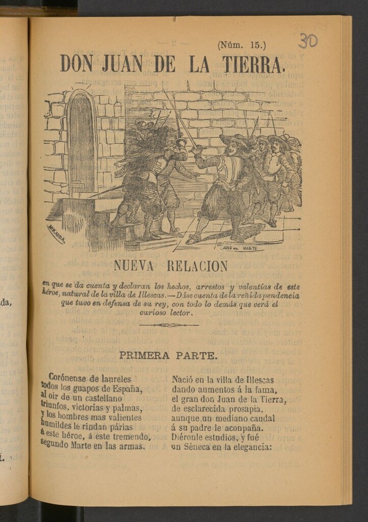 Miniatura de Don Juan de la Tierra : nueva relación en que se da cuenta y declaran los hechos, arrestos y valentías de este héroe , natural de la villa de Illescas : dáse cuenta de la reñida pendencia que tuvo en defensa de su rey, con todo lo demás que verá el curioso lector