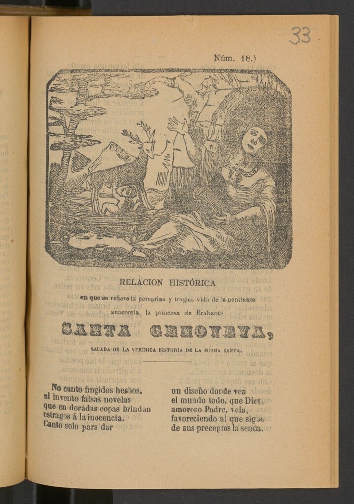 Miniatura de Relación histórica en que se refiere la peregrina y trágica vida de la penitente anacoreta, la princesa de Brabante Santa Genoveva : sacada de la veridica historia de la misma santa