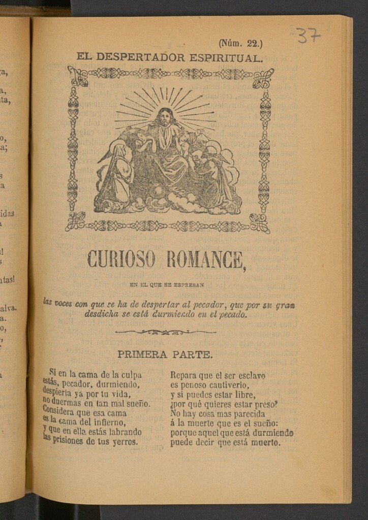 Miniatura de El Despertador espiritual : curioso romance en el que se espresan las voces las voces con que ha de despertar al pecador, que por su gran desdicha se está durmiendo en el pecado.