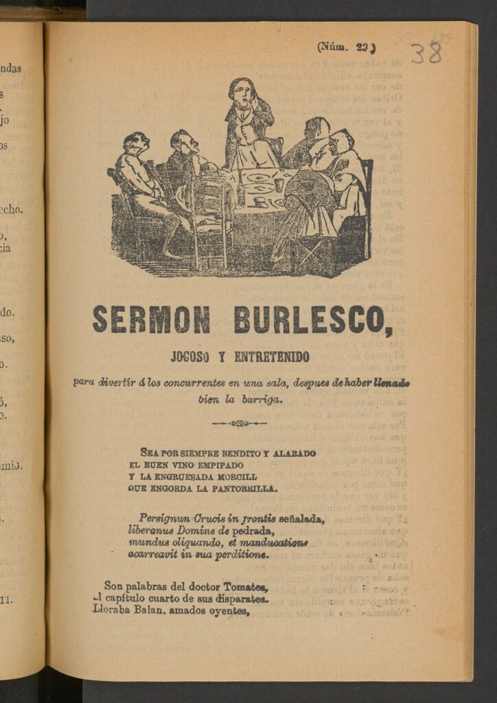 Miniatura de Sermón burlesco, jocoso y entretenido para divertir a los concurrentes en una sala después de haber llenado bien la barriga.