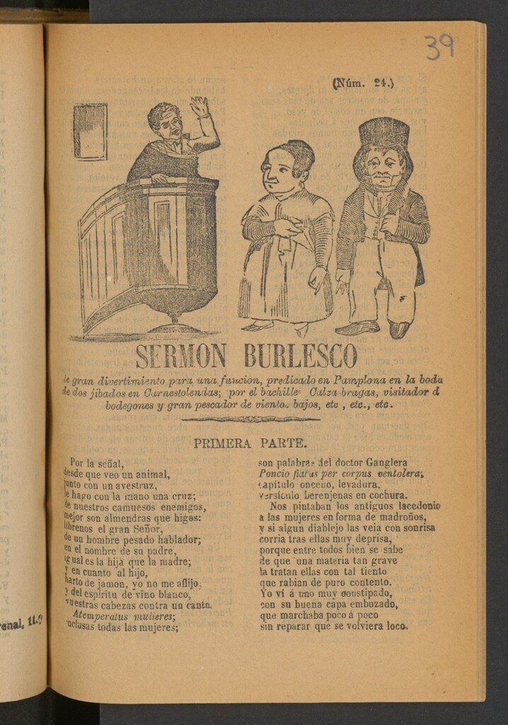 Miniatura de Sermón burlesco de gran divertimento, predicado en Pamplona en la boda de dos jibados en Carnestolendas / por el Bachiller Calza-Bragas visitador d[e] bodegones y gran pescador de vientos bajos, etc., etc., etc.,.
