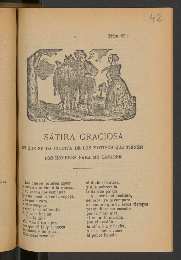 Miniatura de Sátira graciosa en que se da cuenta de los motivos que tienen los hombres para no casarse