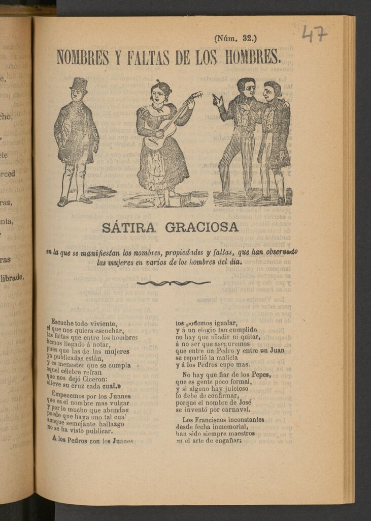 Miniatura de Nombres y faltas de los hombres : sátira graciosa en la que se manifiestan los nombres, propiedades y faltas, que han observado las mujeres en varios de los hombres del dia