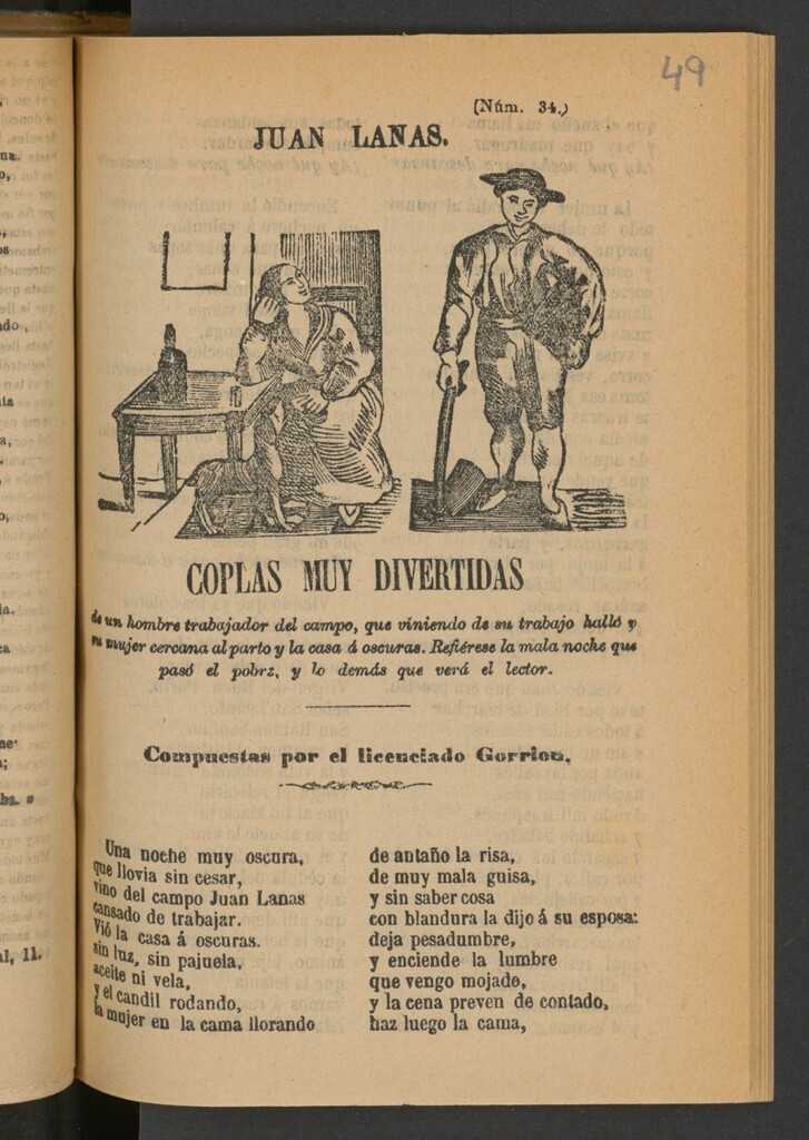 Miniatura de Juan Lanas : coplas muy divertidas de un hombre trabajador del campo, que viniendo de su trabajo halló a su mujer cercana al parto y la casa á oscuras. Refiérese la mala noche que pasó el pobre, y lo demás que verá el lector