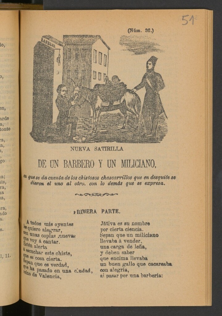 Miniatura de Nueva satirilla de un barbero y un miliciano : en que se da cuenta de los chistosos chascarrillos que en desquite se dieron el uno al otro, con los demás que se expresa