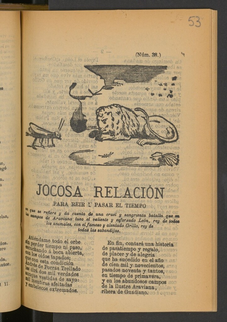 Miniatura de Jocosa relacion para reir y pasar el tiempo, en que se refiere y da cuenta de una cruel y sangrienta batalla que en los campos de Araviana tuvo el valiente y esforzado Leon, rey de todos los animales, con el famoso y alentado Grillo, rey de todas las sabandijas