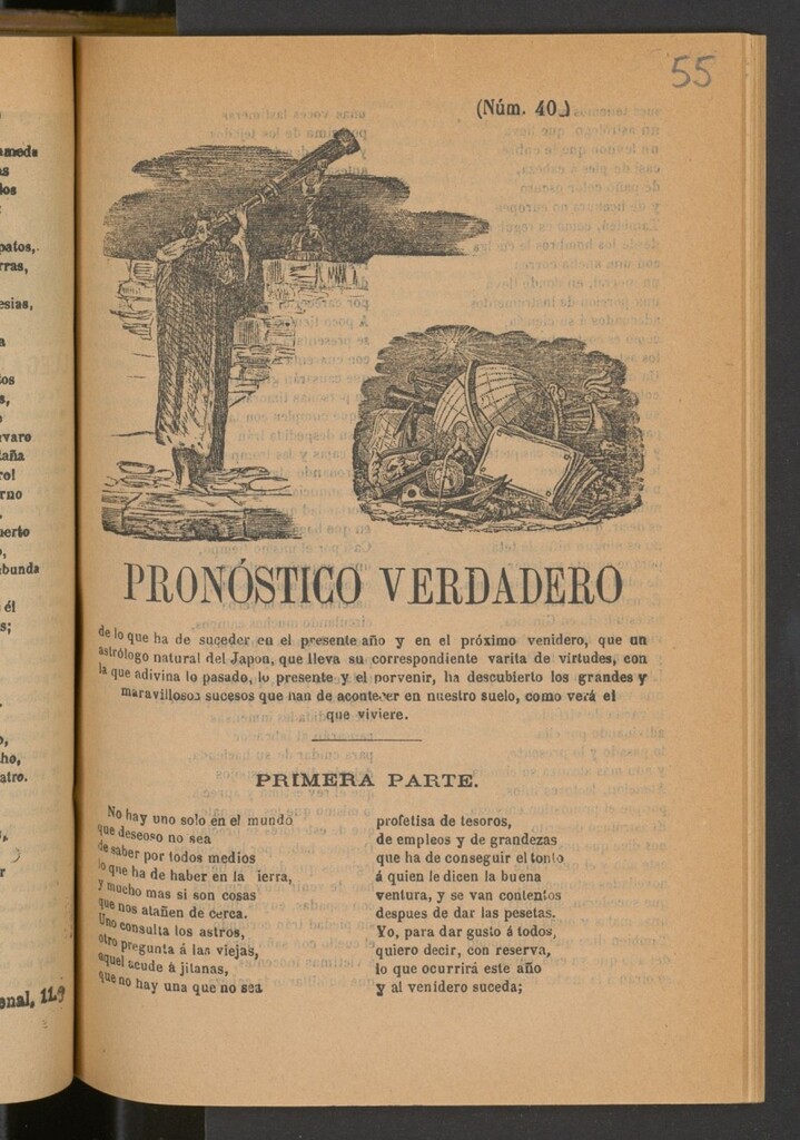 Miniatura de Pronostico verdadero de lo que ha de suceder en el presente año y en el próximo venidero : que un astrólogo natural de Japon que lleva su correspondiente varita de virtudes, con lo que adivina lo pasado y lo presente y el porvenir ha descubierto los grandes y maravillosos sucesos que han de acontecer en nuestro suelo, como verá el que viviere.