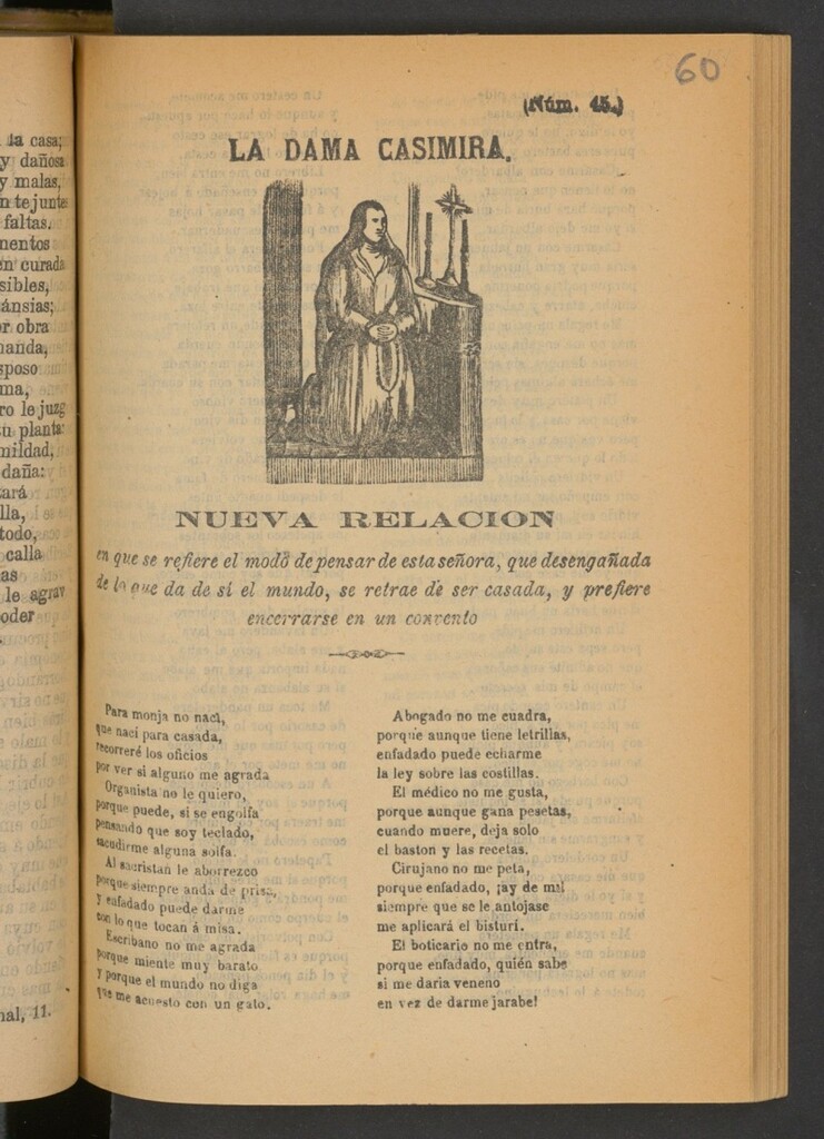 Miniatura de La dama Casimira : nueva relacion en que se refiere el modo de pensar de esta señora, que desengañada de lo que da de si el mundo, se retrae de ser casada, y prefiere encerrarse en un convento