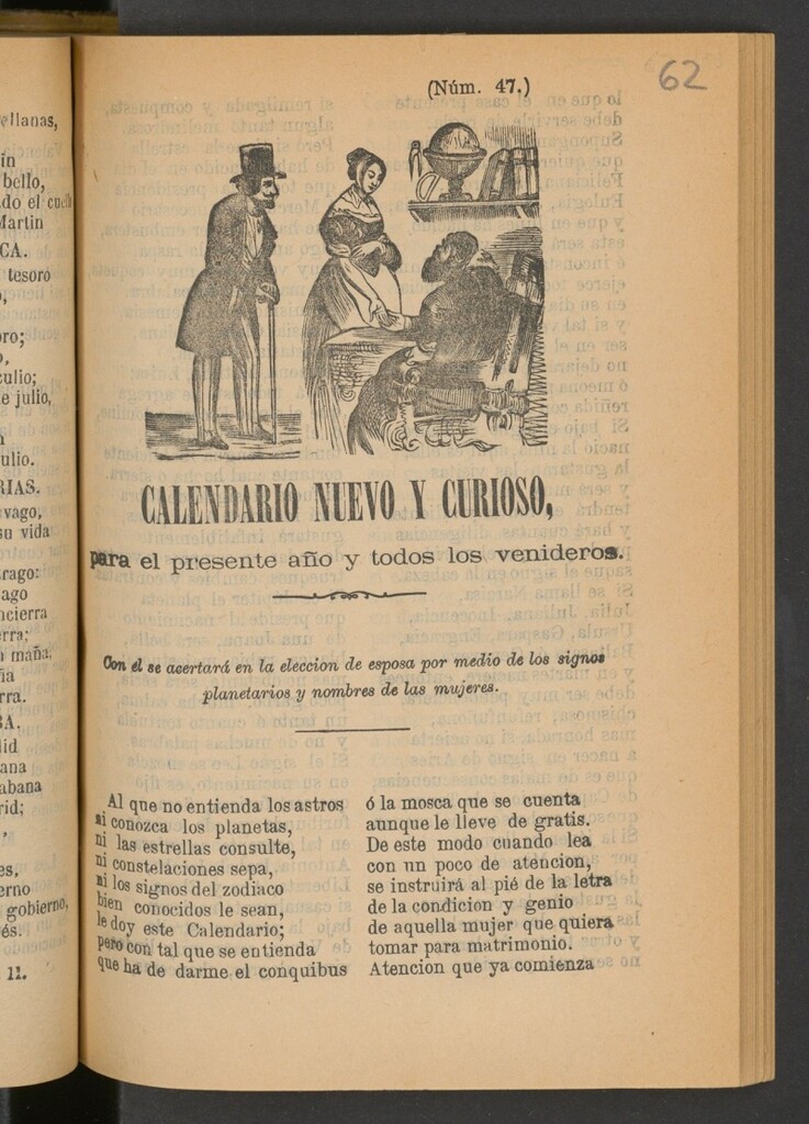 Miniatura de Calendario nuevo y curioso, para el presente año y todos los venideros: con él se acertará en la elección de esposa por medio de los signos planetarios y nombres de las mujeres