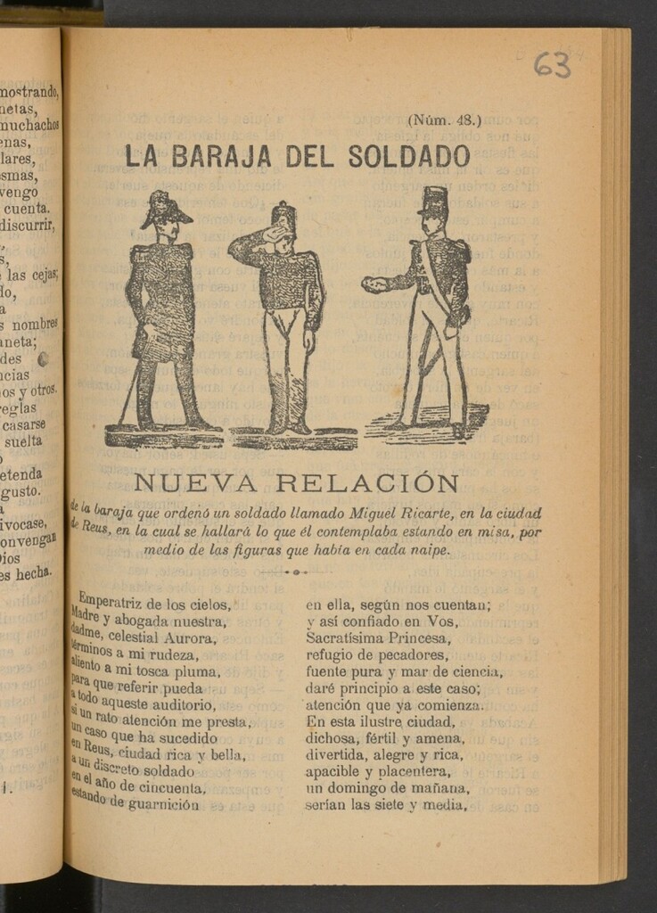 Miniatura de La baraja del soldado : nueva relación de la baraja que ordenó un soldado llamado Miguel Ricarte en la ciudad de Reus, en la cual se hallará lo que él contemplaba estando en misa, por medio de las figuras que había en cada naipe