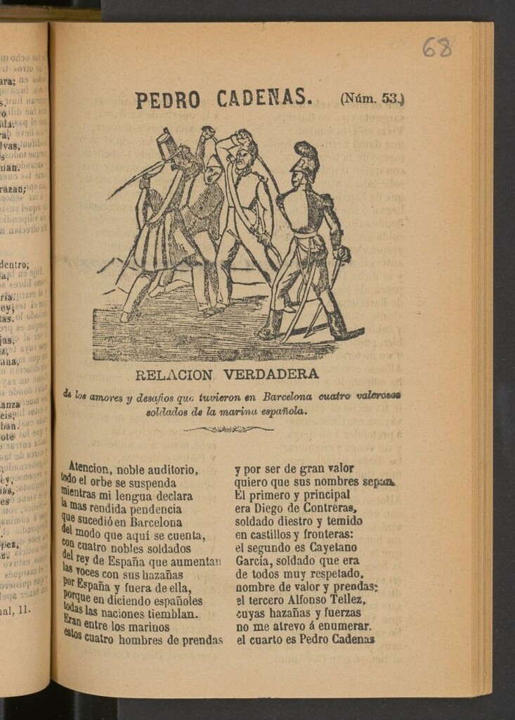 Miniatura de Pedro Cadenas : relación verdadera de los amores y desafíos que tuvieron en Barcelona cuatro valerosos soldados de la marina española.