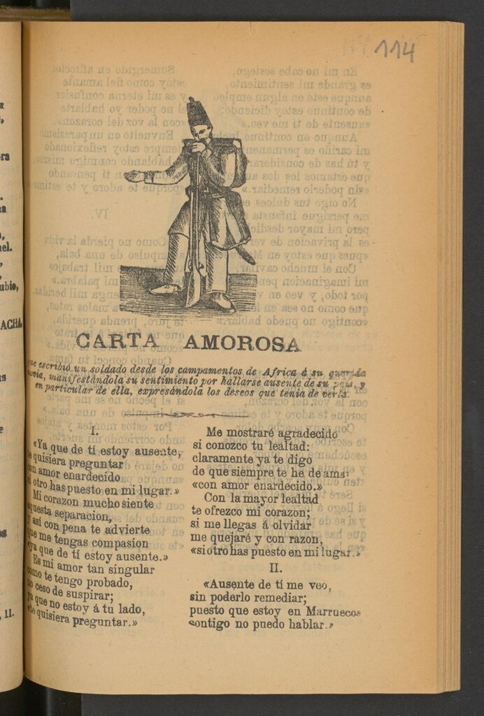 Miniatura de Carta amorosa que escribió un soldado desde los campamentos de Africa á su querida novia, manifestándola su sentimiento por hallarse ausente de su país, y en particular de ella, expresándola los deseos que tenía de verla