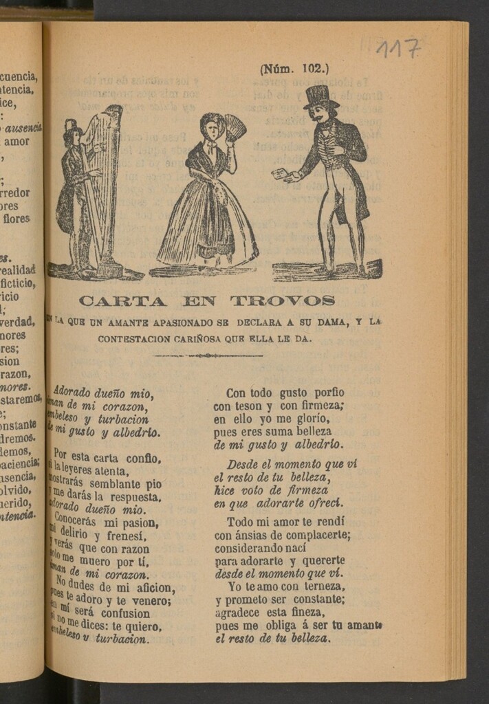 Miniatura de Carta en trovos en la que un amante apasionado se declara a su dama, y la contestacion cariñosa que ella le da
