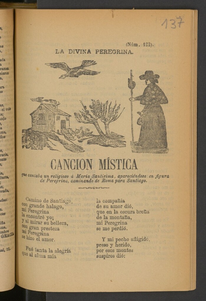 Miniatura de La divina peregrina : canción mística que cantaba un religioso á Maria Santisima, apareciéndose en figura de Peregrina, caminando de Roma a Santiago