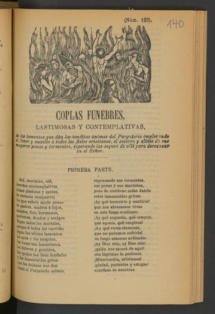 Miniatura de Coplas funebres, lastimosas y contemplativas, de los lamentos que dan las benditas ánimas del Purgatorio implorando el favor y auxilio á todos los fieles cristianos, el socorro y alivio de sus mayores penas y tormentos, esperando las saquen de allí para descansar en el Señor