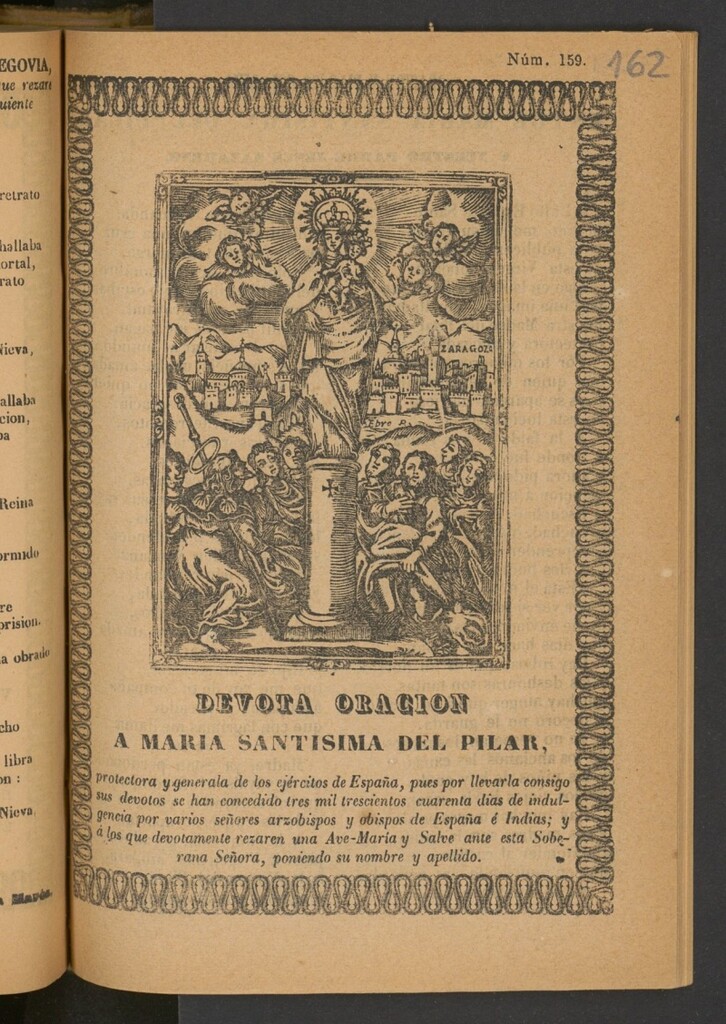 Miniatura de Devota oracion a Maria Santisima del Pilar, protectora y generala de los ejercitos de España, pues por llevarla consigo sus devotos se han concedido tres mil trescientos cuarenta dias de indulgencia por varios señores arzobispos y obispos de España é Indias; y á los que devotamente rezaren una Ave-María y Salve ante esta Soberana Señora, poniendo su nombre y apellido