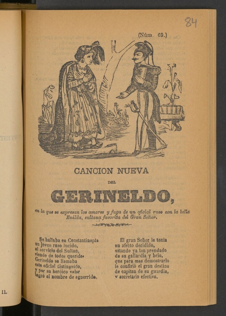 Miniatura de Cancion nueva del Gerineldo en la que se expresan los amores y fuga de un oficial ruso con la bella Enilda, sultana favorita del Gran Señor.