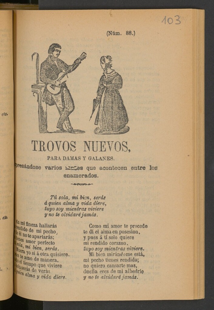 Miniatura de Trovos nuevos, para damas y galanes, expresándose varios lances que acontecen entre los enamorados