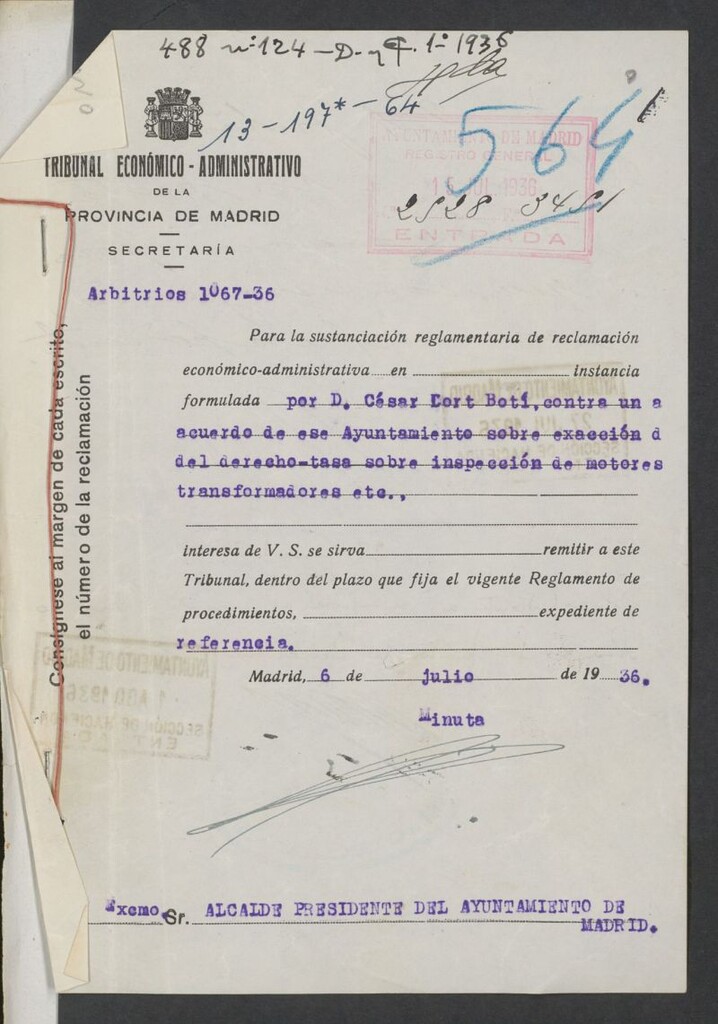 Miniatura de Tribunal Económico Administrativo. Arbitrio 1067-36 para la sustanciación reglamentaria de la reclamación económica administrativa [...] formulada por D. Cesar Cort Botí