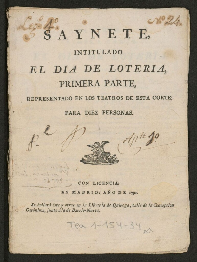 Miniatura de Saynete Intitulado El dia de loteria: representado en los teatros de esta corte. Para diez personas. Primera parte