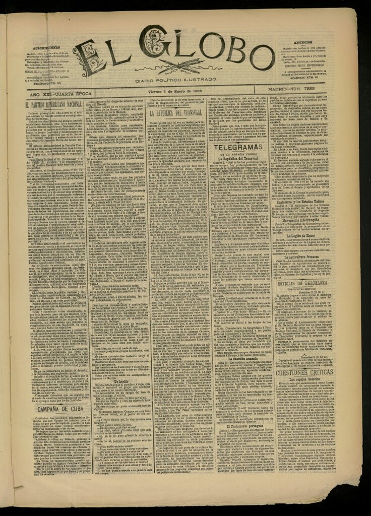 Miniatura de El Globo : diario ilustrado del 3 de enero de 1896, nº 7353