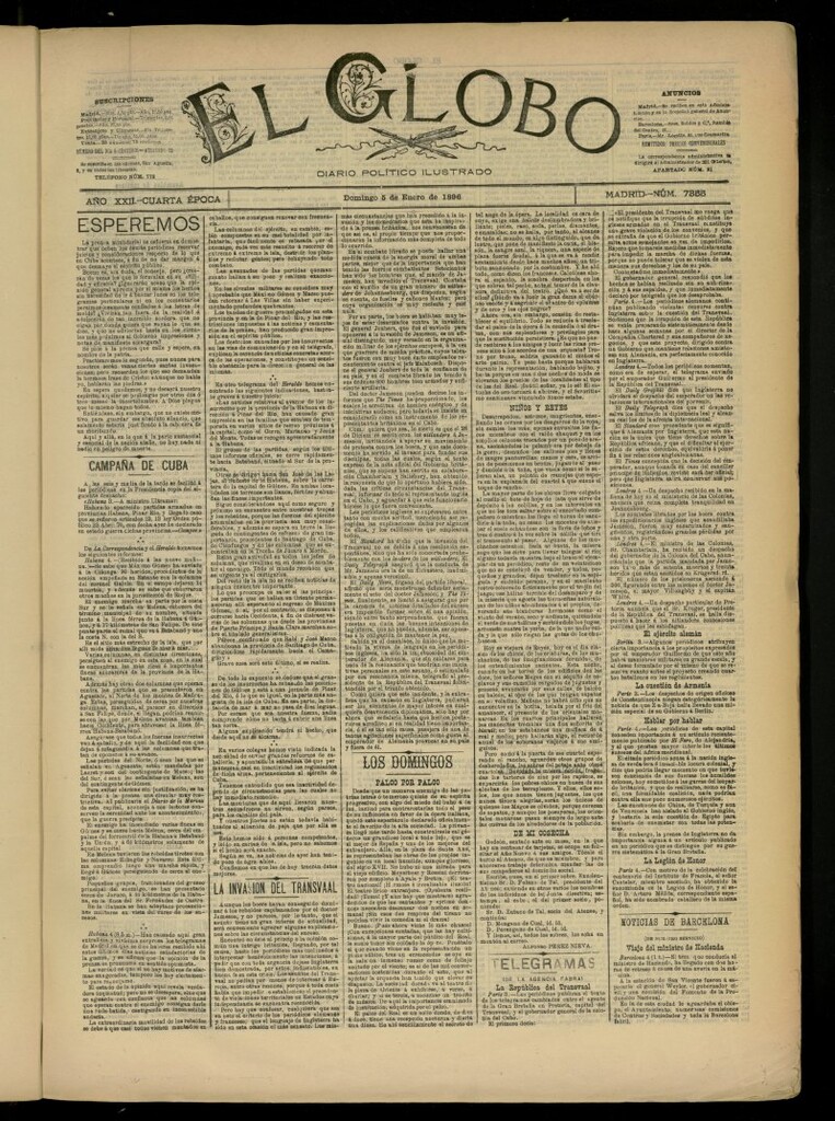 Miniatura de El Globo : diario ilustrado del 5 de enero de 1896, nº 7355