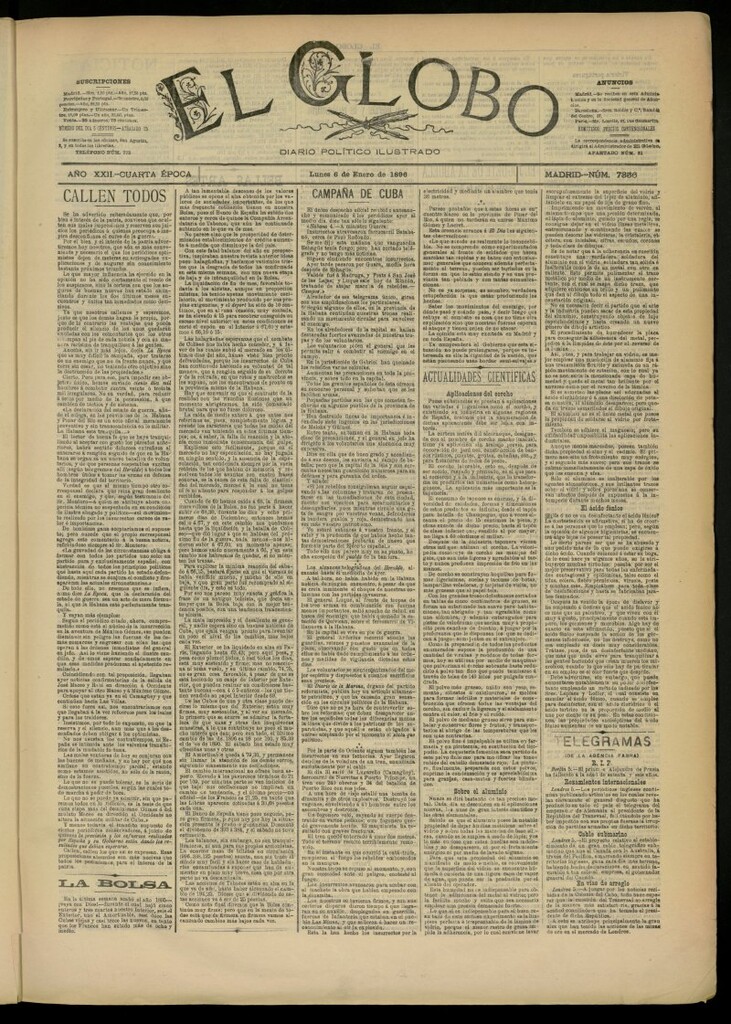 Miniatura de El Globo : diario ilustrado del 6 de enero de 1896, nº 7356