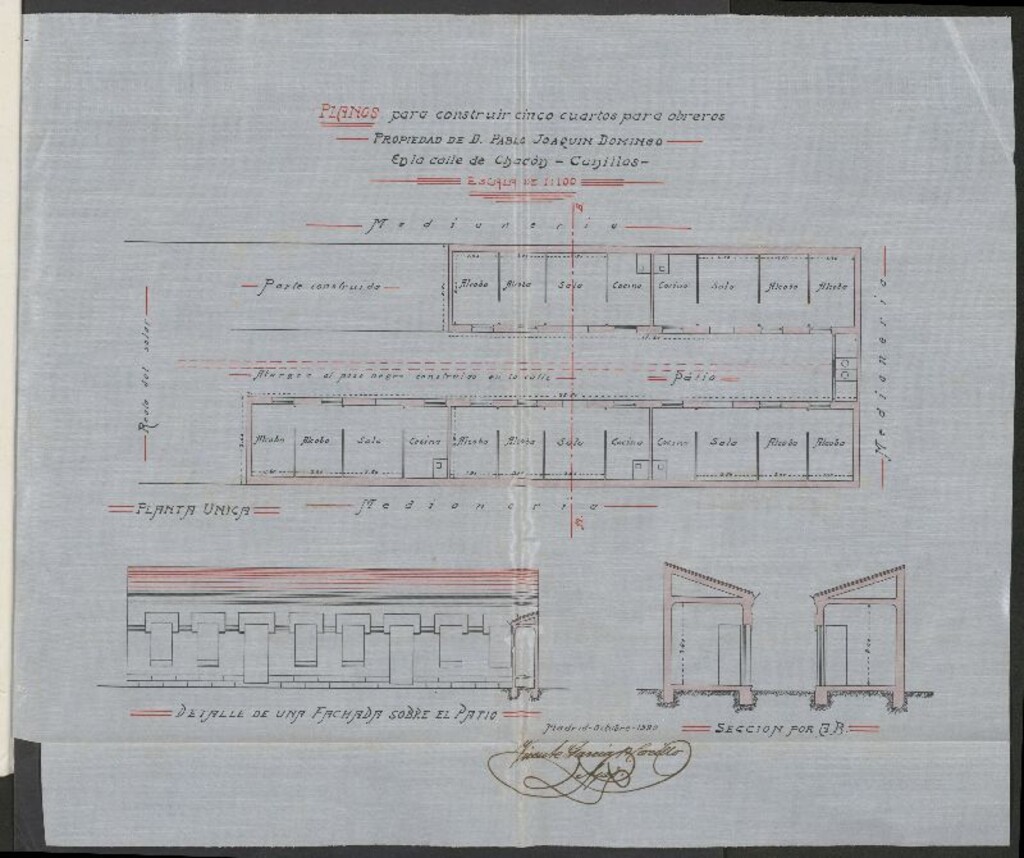 Miniatura de Solicitd de licencia por D. Joaquín Domingo para construir cinco cuartos de planta baja en la  c/Chacón