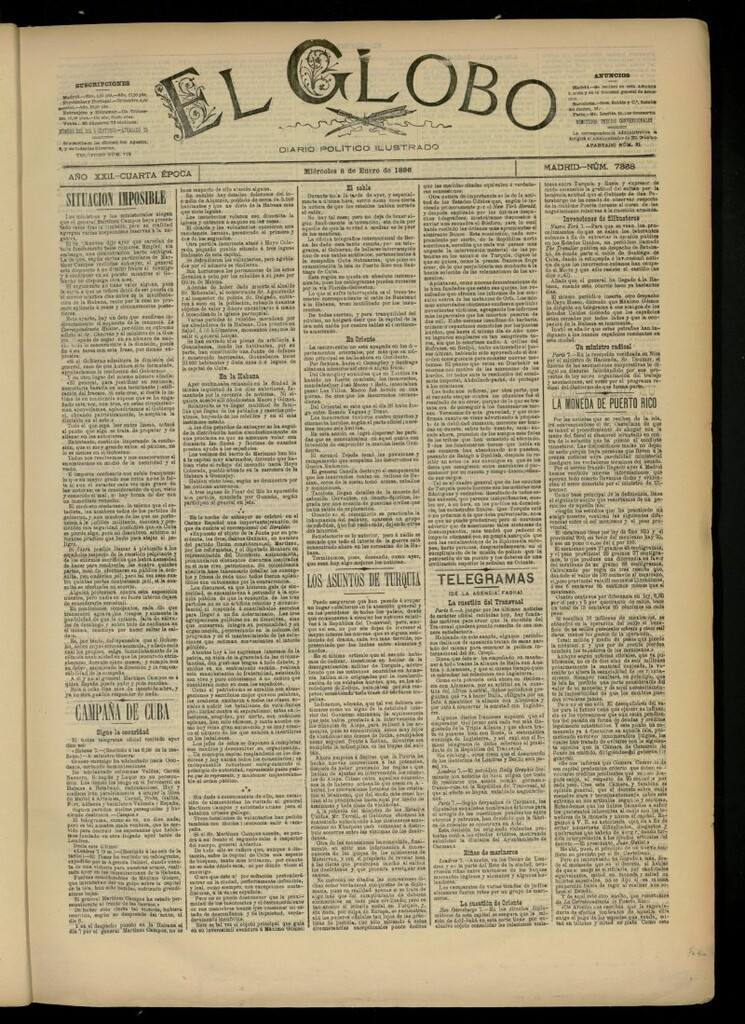 Miniatura de El Globo : diario ilustrado del 8 de enero de 1896, nº 7358