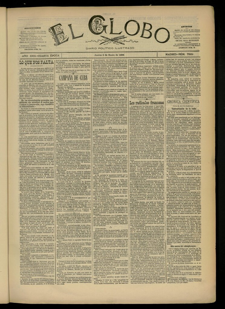 Miniatura de El Globo : diario ilustrado del 9 de enero de 1896, nº 7359