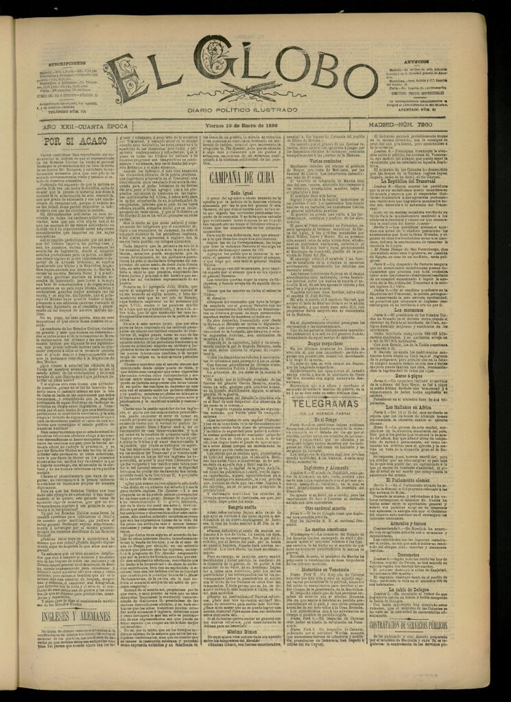 Miniatura de El Globo : diario ilustrado del 10 de enero de 1896, nº 7360