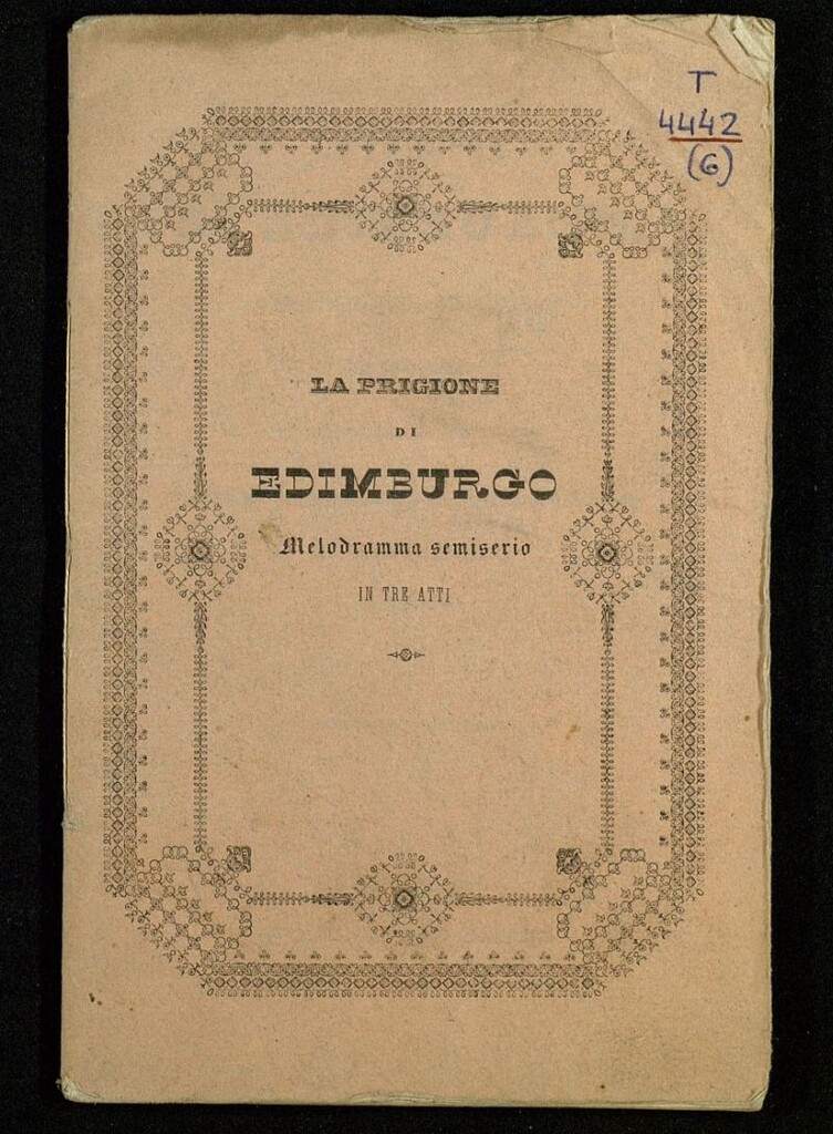 Miniatura de La prigione di Edimburgo : melodramma semiserio in tre atti, da rappresentarsi nel teatro dell´ eccellentissima cittá di Barcellona, nel giulio del 1840