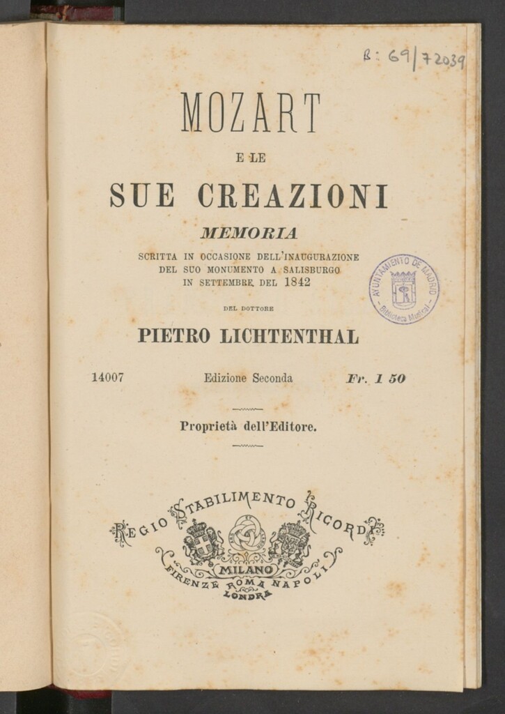 Miniatura de Mozart e le sue creazioni: memoria scritta in occasiones dell´inaugurazione del suo monumento a Salisburgo in settembre del 1842