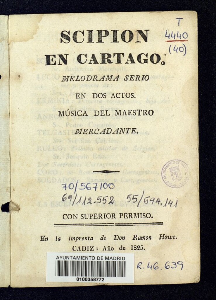 Miniatura de Scipione in Cartagine : melodrama serio en due atti = Scipion en Cartago : melodrama serio en dos actos