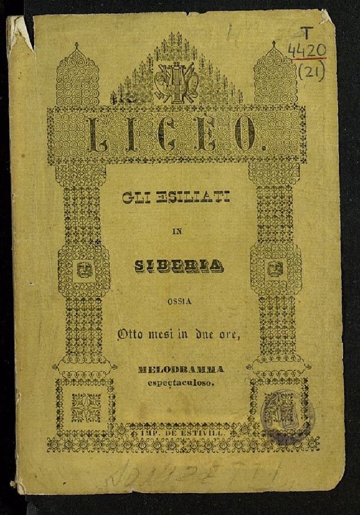 Miniatura de Gli esiliati in Siberia ossia Otto mesi in due ore : melodramma historico spettaculoso