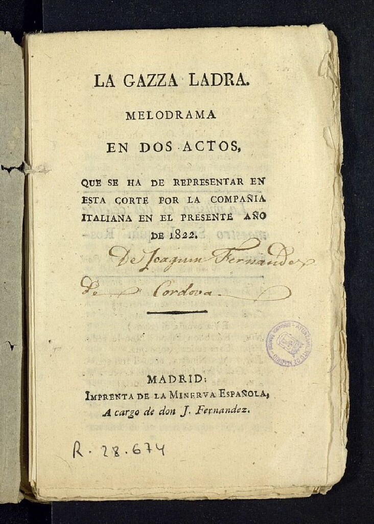 Miniatura de La gazza ladra : melodrama en dos actos, que se ha de representar en esta Corte por la compañía italiana en el presente año de 1822