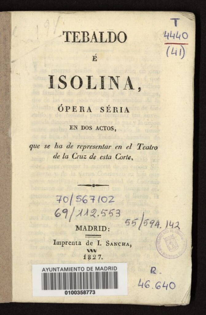 Miniatura de Tebaldo é Isolina : ópera séria en dos actos : que se ha de representar en el Teatro de la Cruz de esta Corte