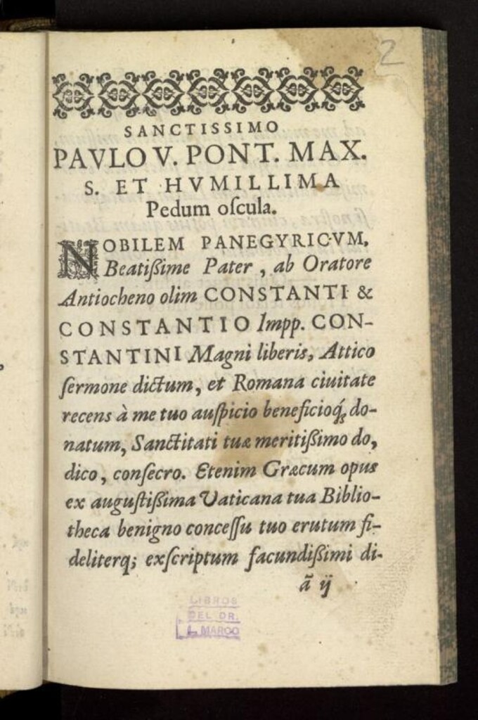 Miniatura de Libanii sev Panegyricvs Constanti et Constantio Impp dictvs : Specvlum Imperatoriae Majestatis & Regiarum virtutum omnium, oratorio & historico lepore conditum. Graecae nunc primum é Vaticana Bibliotheca prodeunt