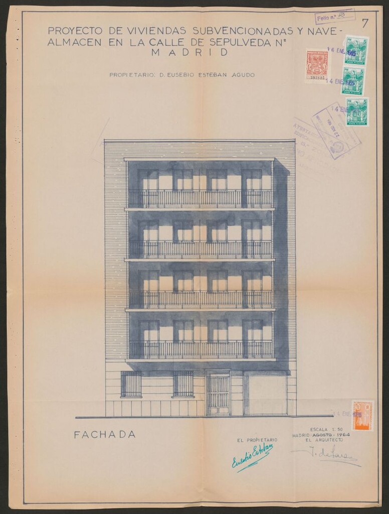 Miniatura de Solcitud de licencia de D. Eusebio Esteban para la construcción de nueva planta para vivienda de renta limitada y nave en la calle Sepúlveda, 138.