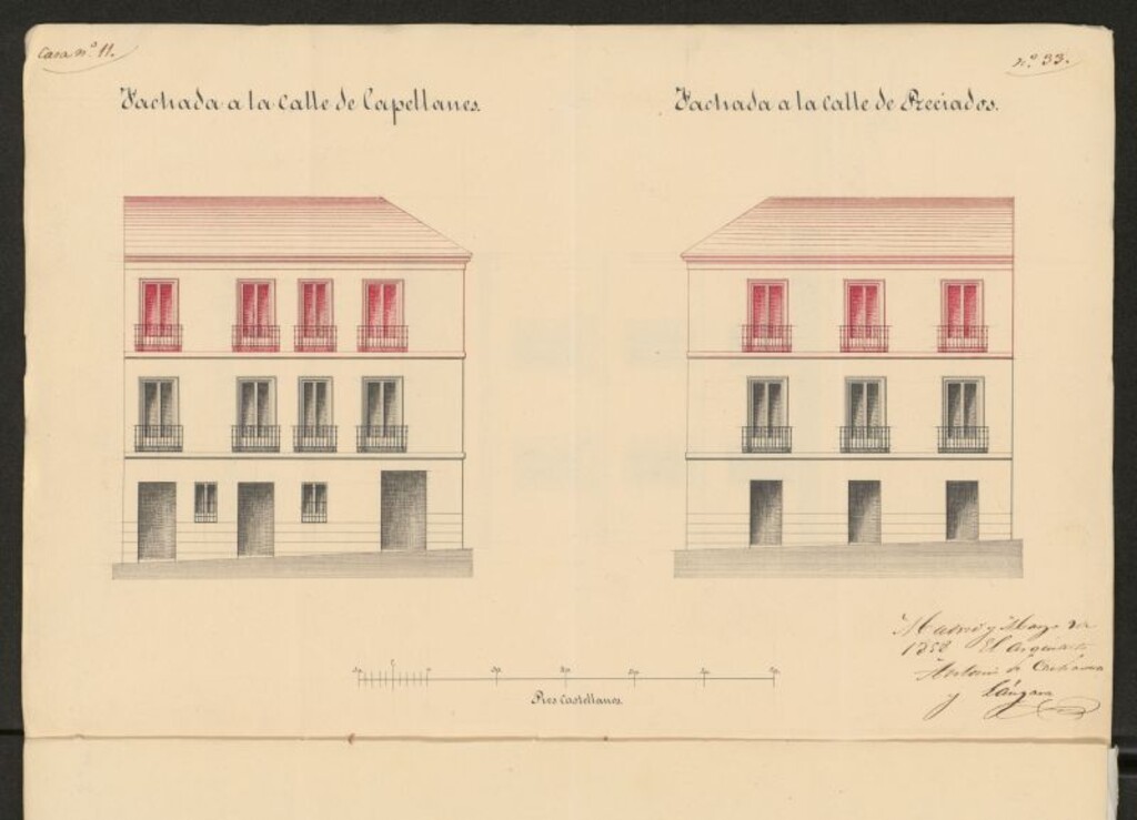 Miniatura de D. Juan Manuel del Hoyo, licencia para aumentar piso 2º en sus casas, calles de Capellanes nº 9 y 11 y de Preciados, nº 33 y 35, manzana 394.