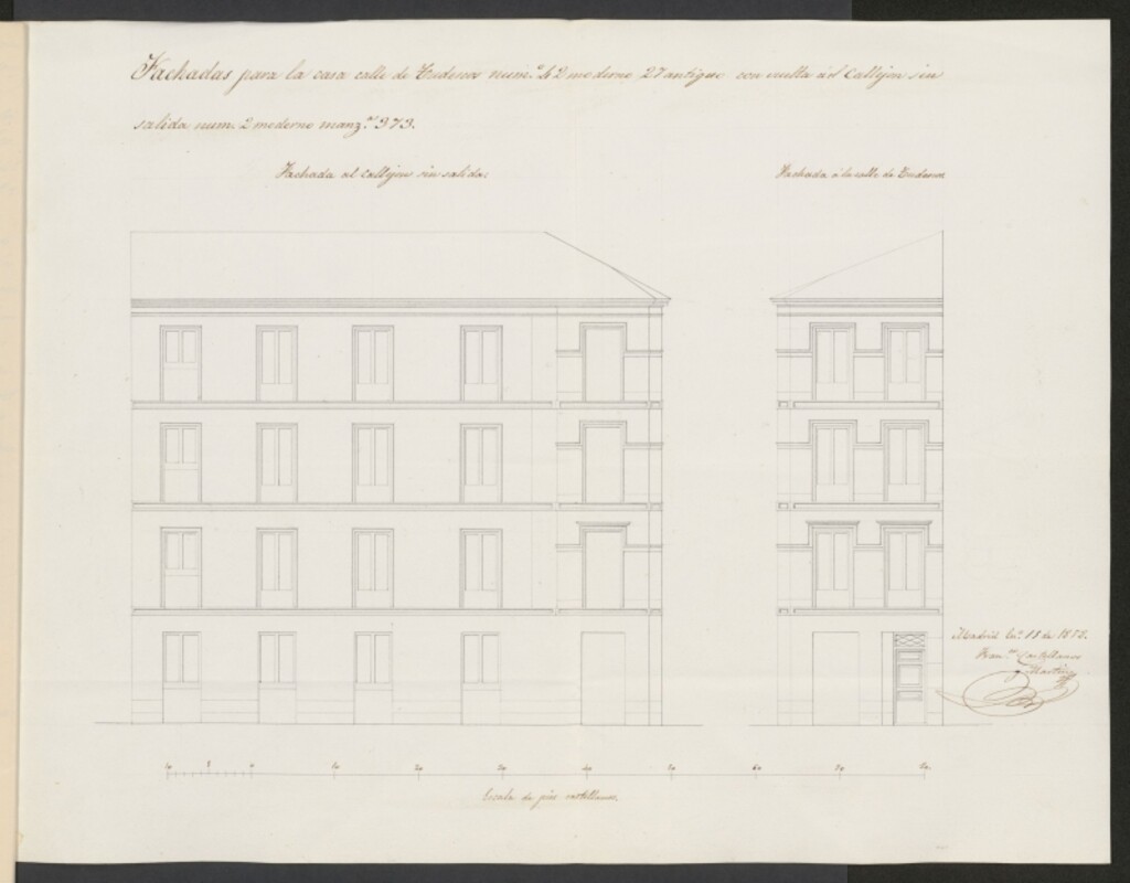 Miniatura de D. Francisco Castellanos, licencia para construir de nuea planta la casa calle de tudescos, nº 42, con vuelta al callejón sin salida nº 2, manzana 373.