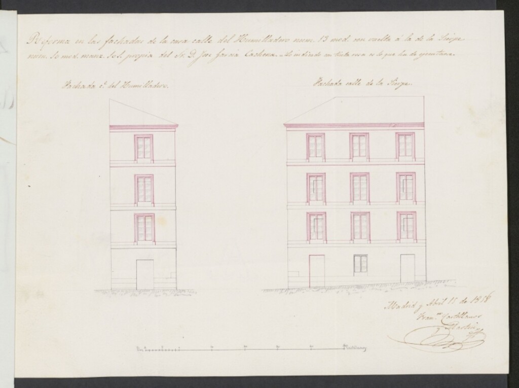 Miniatura de D. José García y Cachena, licencia para aumento de piso 3º y reforma de huecos en la casa calle del Humilladero, nº 13 y de la Sierpe nº 10, manzana 101.