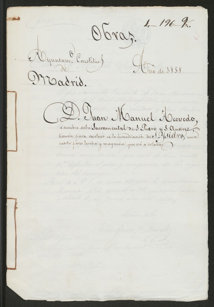 Miniatura de D. Juan Manuel Acevedo, a nombre de la Sacramental de S. Pedro y S. Andrés, licencia para construir en la inmediación de S. Isidro, una caseta para bomba y máquina que va a colocar.