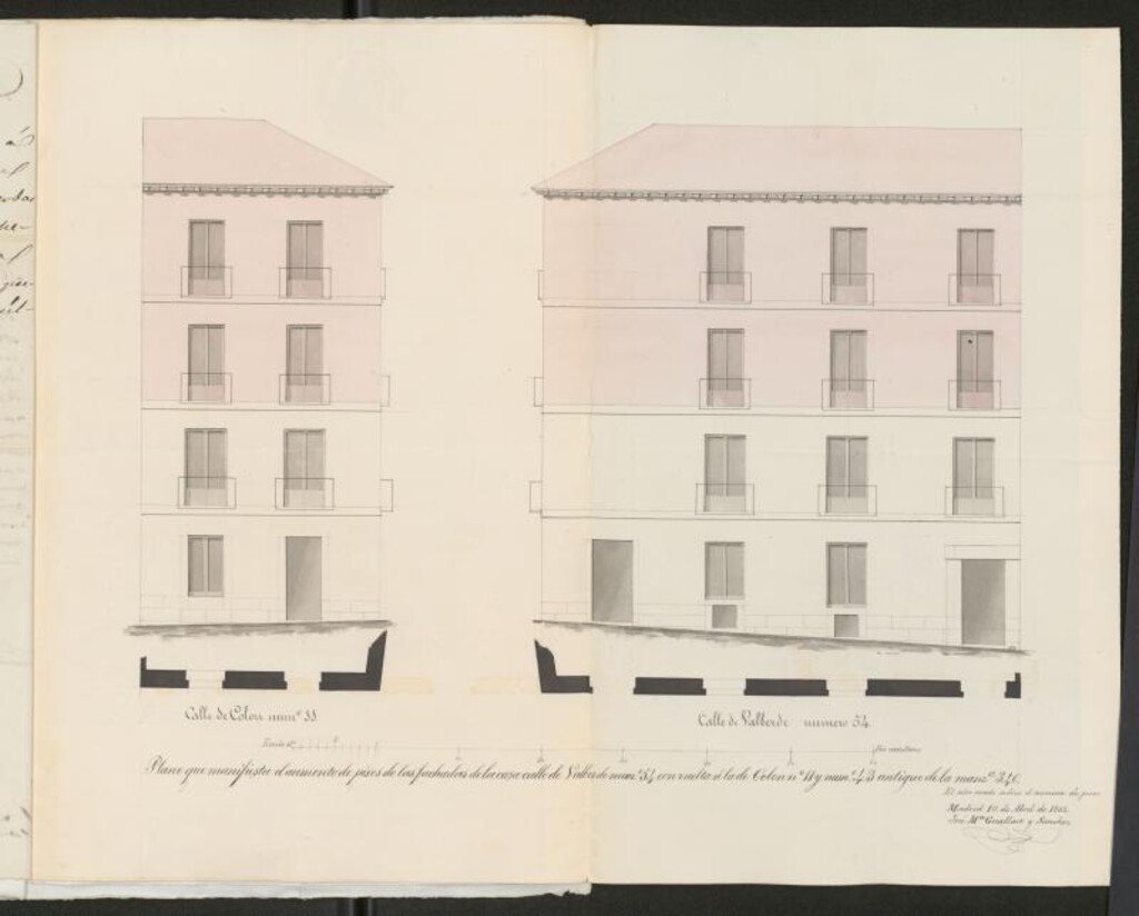 Miniatura de D. Dionisio Pérez Chacón, licencia para obras, interiores y aumento de dos pisos en la casa calle Valverde nº 54 con vuelta a la de Colón nº 11.