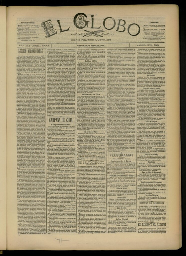 Miniatura de El Globo : diario ilustrado del 24 de enero de 1896, nº 7374