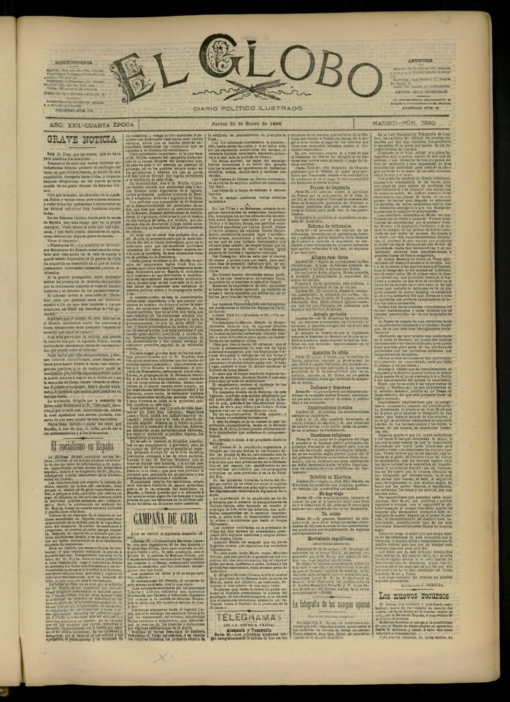Miniatura de El Globo : diario ilustrado del 30 de enero de 1896, nº 7380