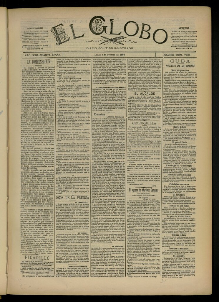 Miniatura de El Globo : diario ilustrado del 3 de febrero de 1896, nº 7384