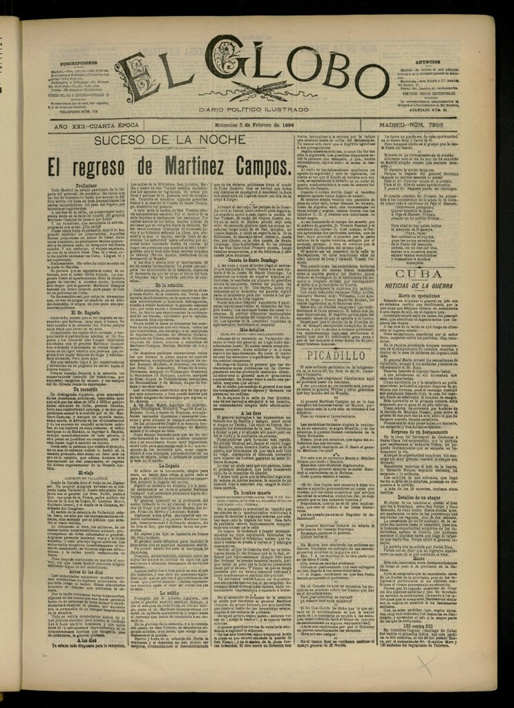 Miniatura de El Globo : diario ilustrado del 5 de febrero de 1896, nº 7386